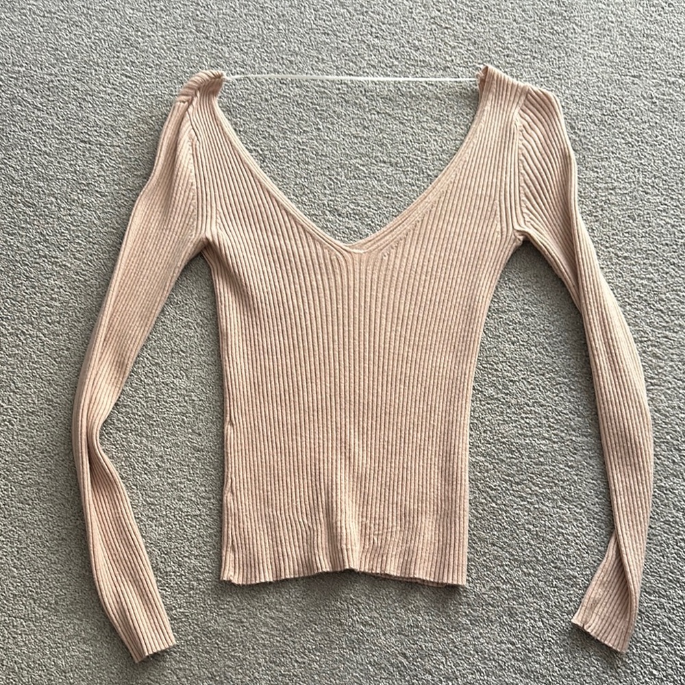 Tan Ribbed Fitted Blouse with Long Sleeves